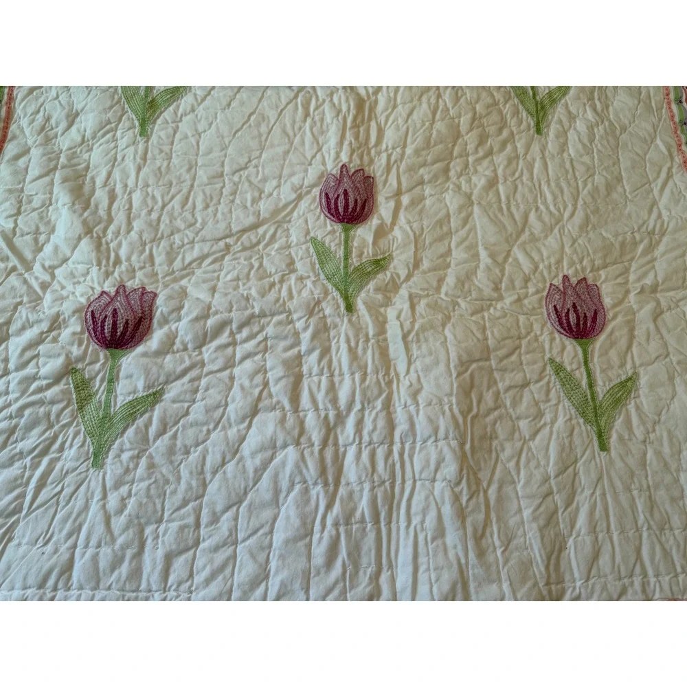 Pottery Barn Kids Quilted Throw Blanket White Purple Tulip Floral Embroidered